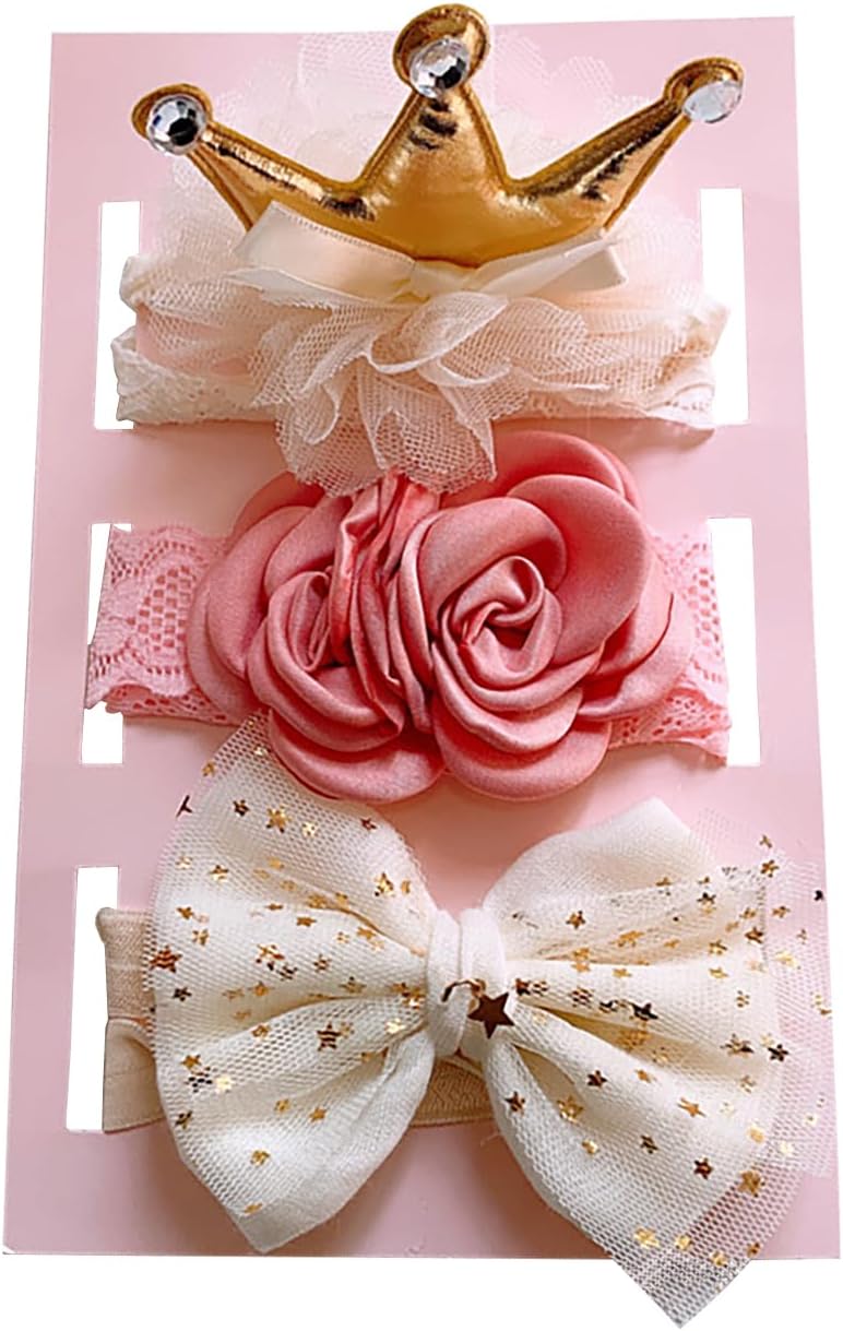 SYGA 3 Pack Baby Girl Headbands – Soft Stretchable Flower & Bow Hairbands with Golden Crown Design, Comfortable Elastic Headband for Newborns, Infants & Toddlers 0-3 Years (Golden Crown, Style 1070)