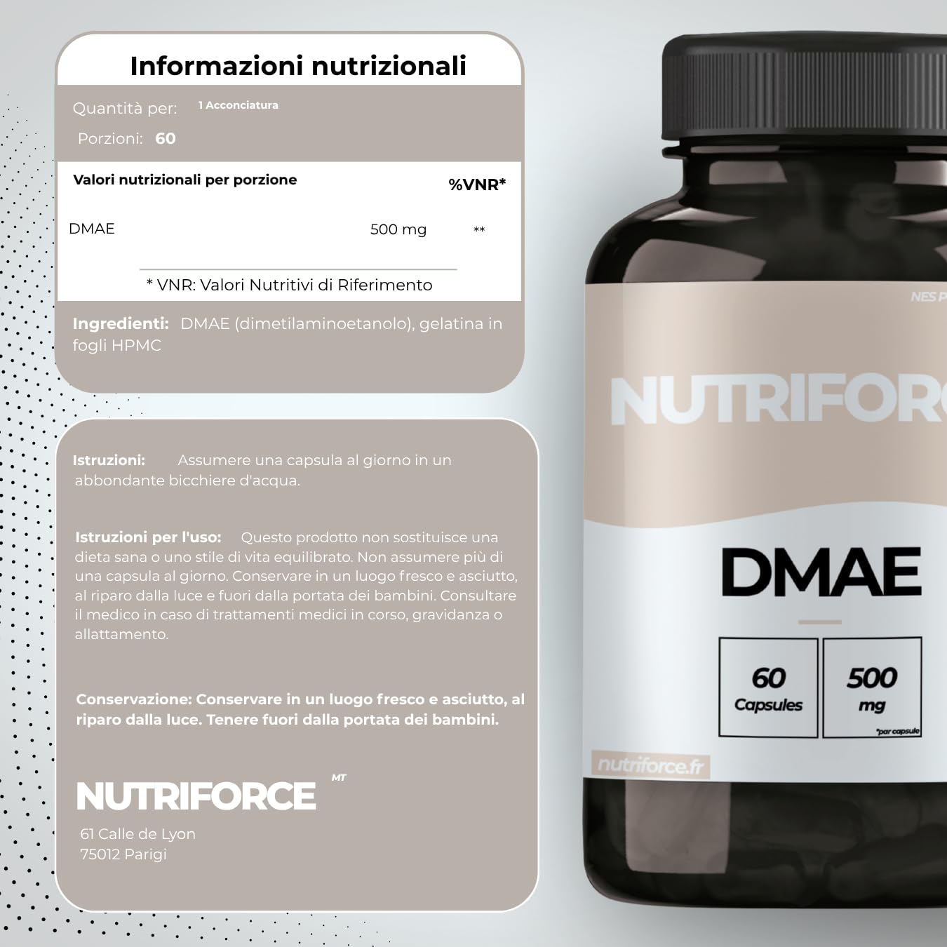 DMAE – Concentrazione, Memoria e Pelle Tonica – Energia Mentale e Anti-Age – Integratore Naturale – Prodotto in Francia