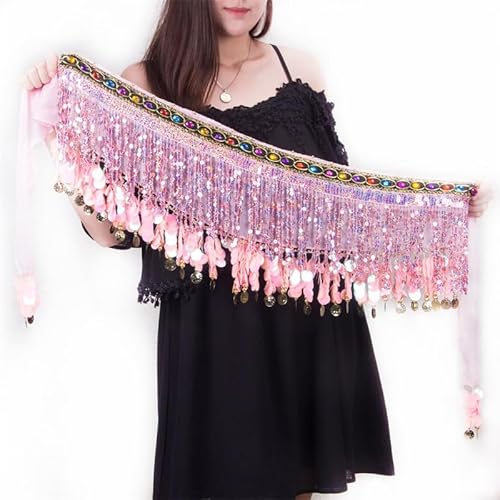 DUANSIYU Belly Dance Skirt Belly Dance Waist Chain Glitter Tassel Scarf For Beginner Women Dance Waist Scarf Waist Belt With Coins Belly Dance Costume(Pink)