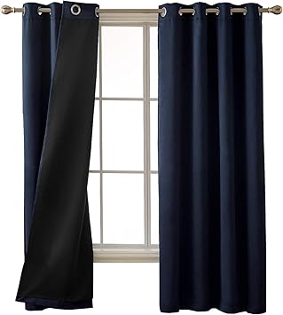 Deconovo Total Blackout Curtains Thermal Insulated Faux Silk Satin Grommet Solid Fabric Energy Efficiency Curtains for Bedroom 52 x 63 Inch Navy Blue 2 Panels