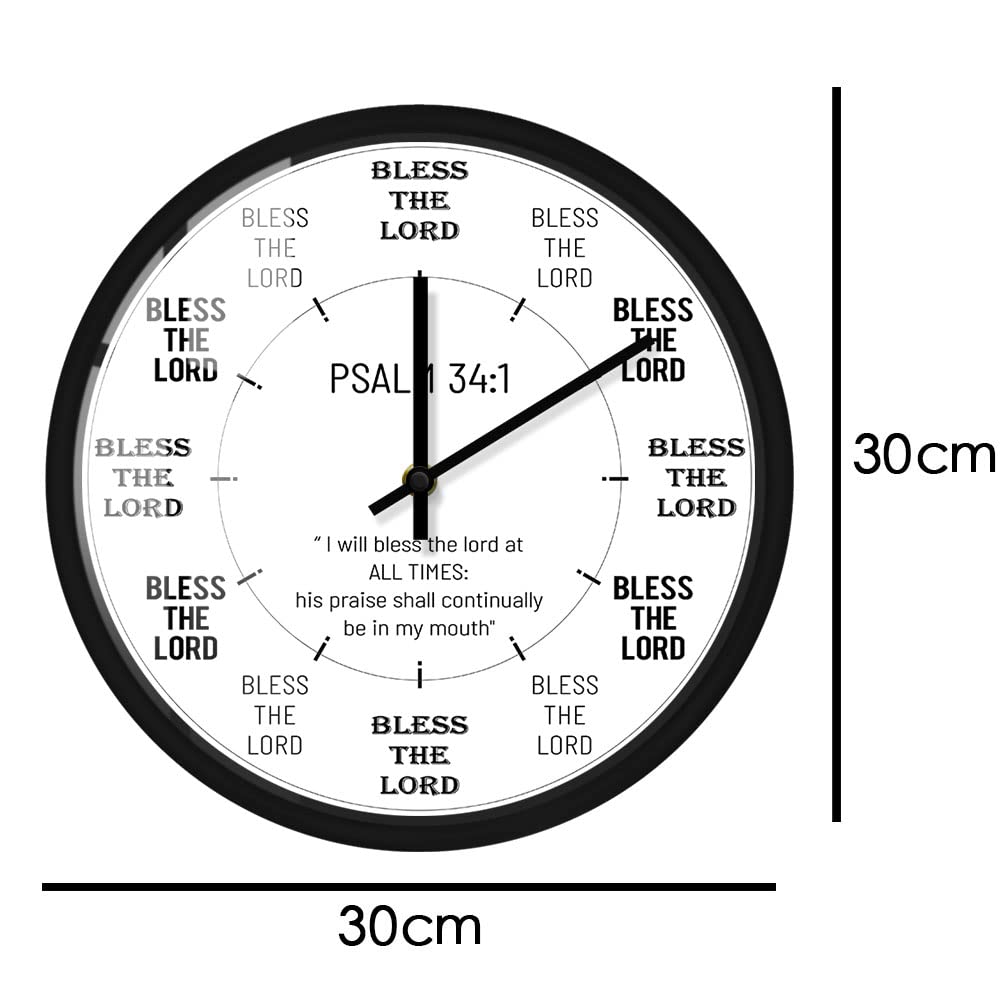Reloj de pared de metal Salmo 34:2 de 30.5 cm, con versículo bíblico, cita de meditación, cuarzo silencioso, sin tictac, funciona con pilas, para regalos cristianos, dormitorio, sala de