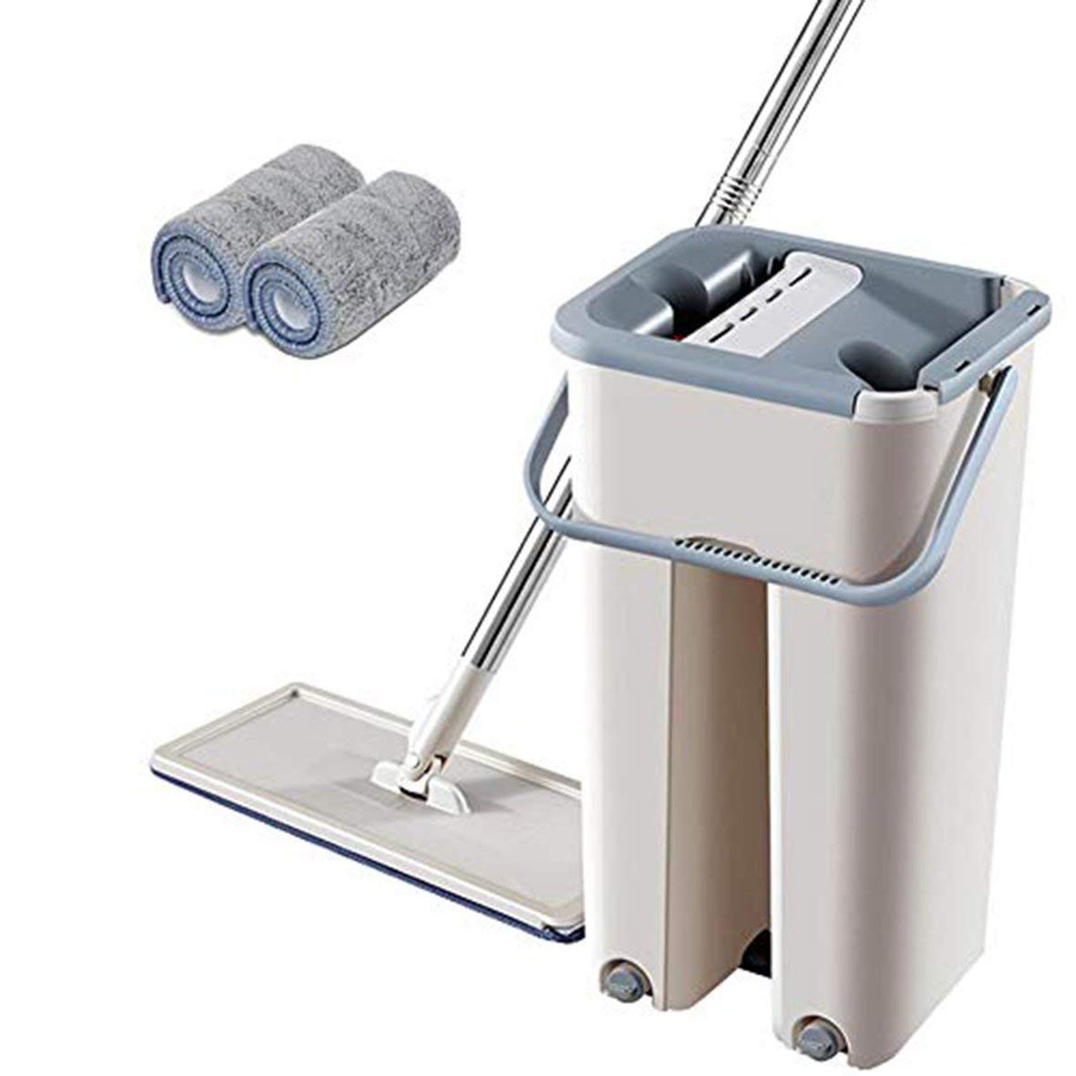 FahionswanAELazy Man Free Hand-washing Flat Scraper Mop Microfiber Mop Bucket Set +1 Set Rod + Mop Beige Practical