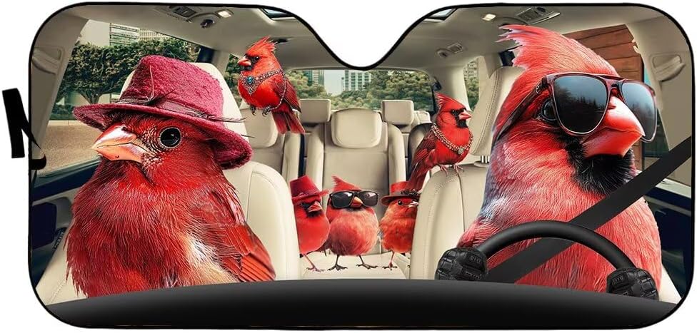 Cardinal Family Car Truck Decor Auto Sun Shade Cover, Red Birds Driving Car Windshield Sunshade, Funny Birds Printed Pattern Vehicle Windshield Cover Blocks UV Rays Sun Visor Protector