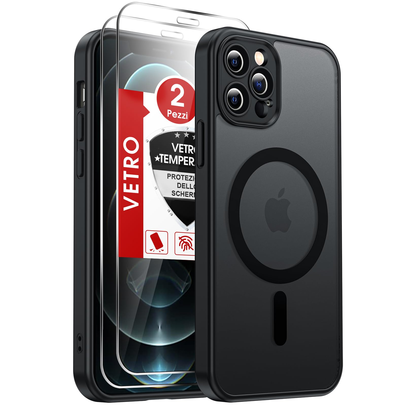 LeYi Cover Magnetica per iPhone 12 Pro con Vetro Temperato, Custodia Compatibile con MagSafe Traslucida Opaca Anti-Impronte Resistente Antigraffi TPU Antiurto Protettiva iPhone 12Pro Case, Nero