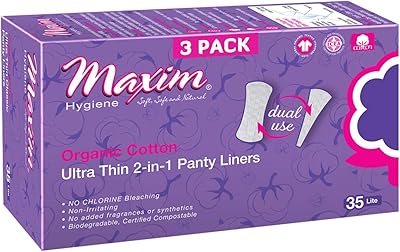 Maxim Ultrathin Thong Cotton Organic Panty Liners, Lite, 105ct, No Chlorine/Dioxin/Chemical/SAP, ICEA Approved, Biodegradable Breathable Thin Panty Liners, 3 Packs of 35