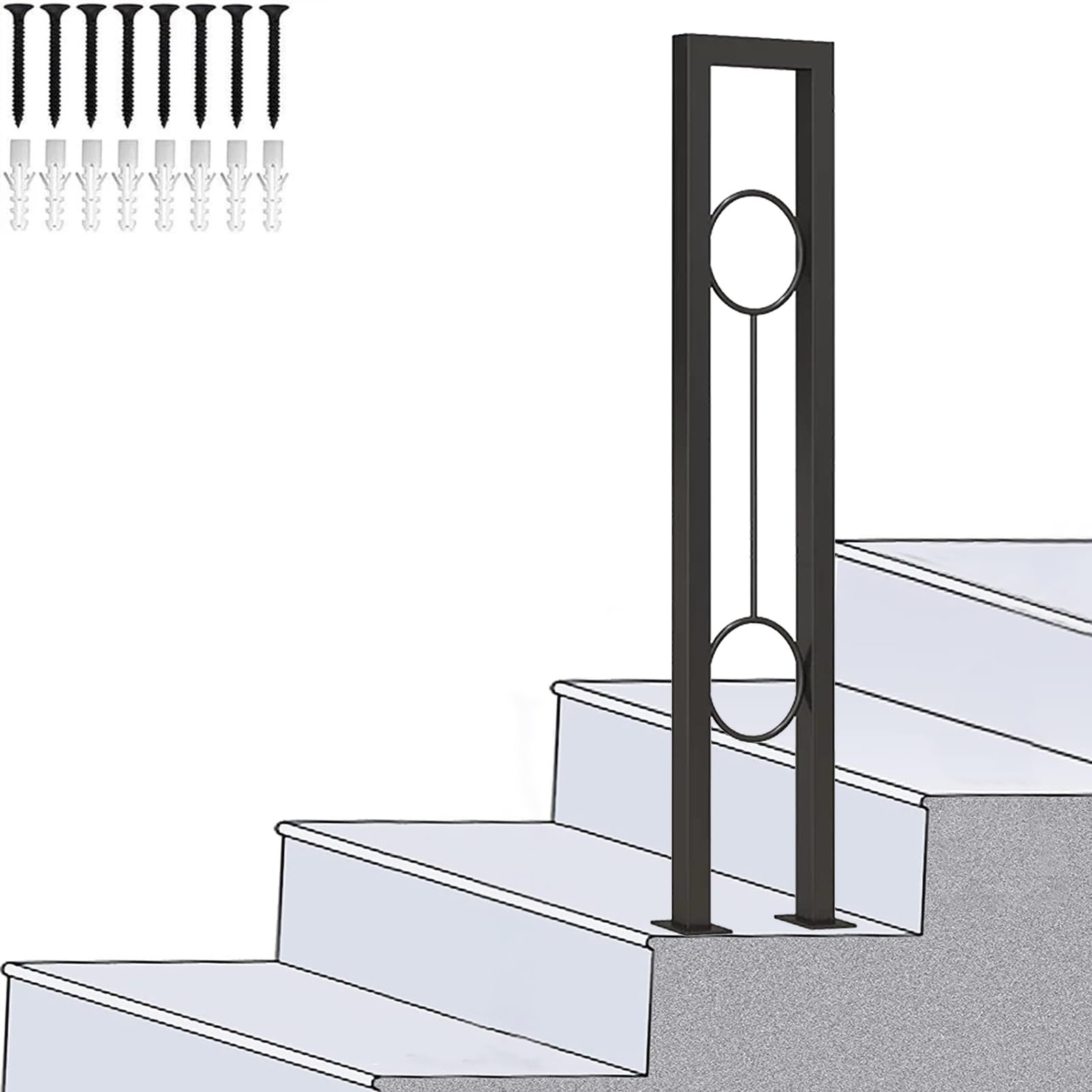 Stairs Handrail Brackets for Indoor Outdoor | Front Porch Transitional Handrail Fits 1 Step, Black Staircase Railing Industrial Wrought Iron Guardrail(90cm/35in)