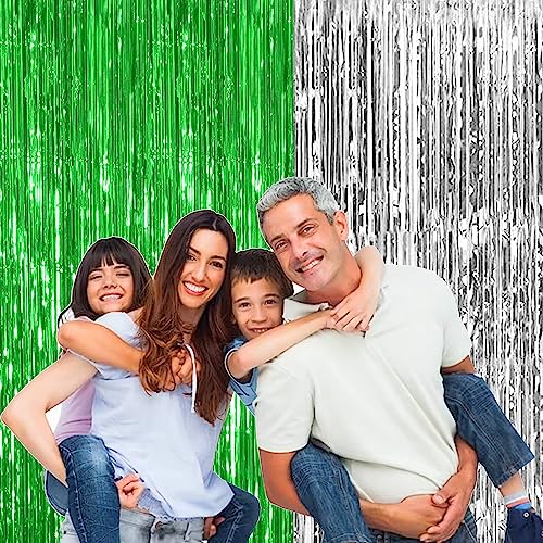 Image of TOYXE 6 Pieces Foil Fringe Tinsel Party Curtains for Photo Backdrop (GREEN-SILVER) | Fringe Curtains for Decoration | Foil Curtains for Birthday Decoration, Anniversary, Bachelorette, Baby Shower