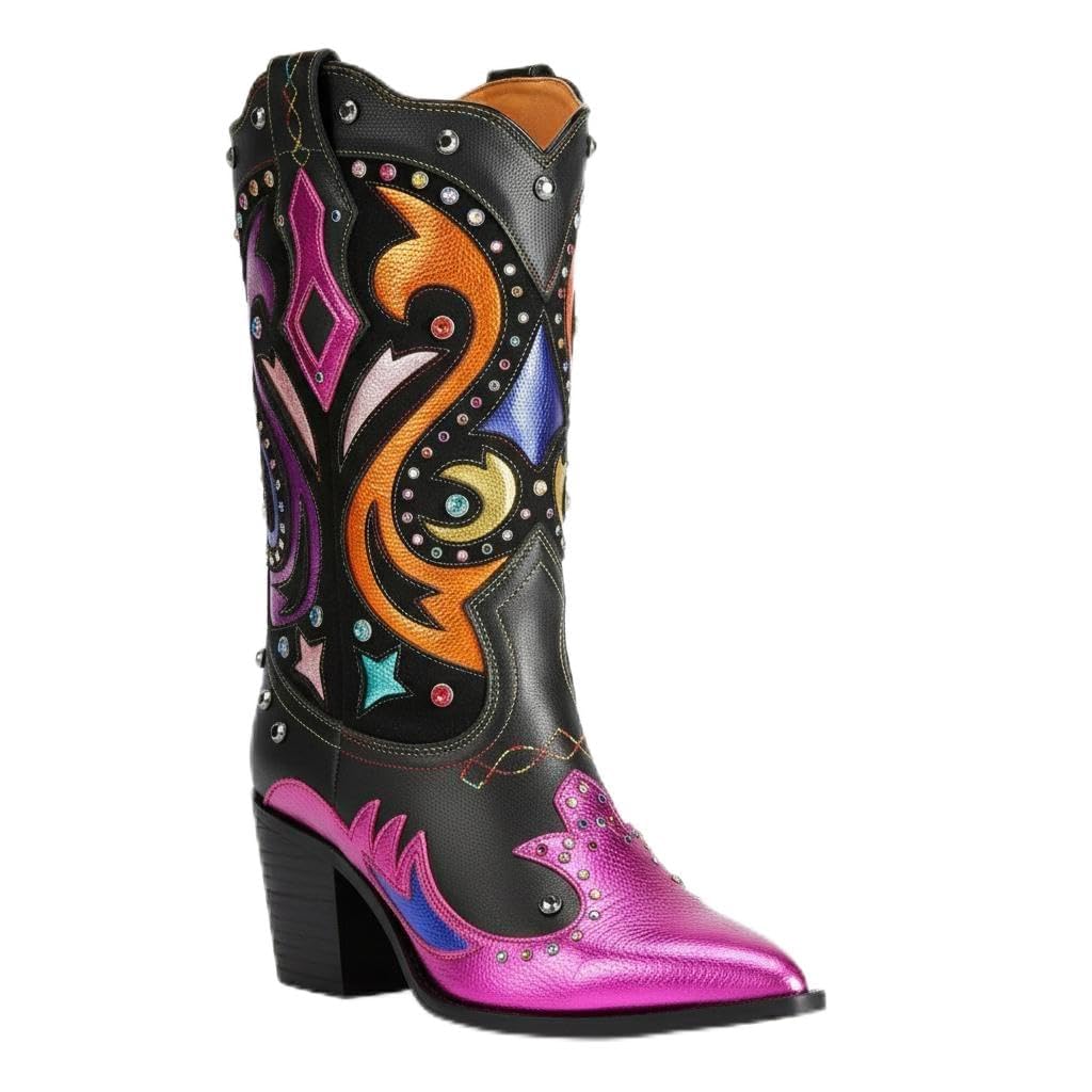 Womens Fashion Ankle Boots - Genuine Leather Glitter Rhinestones 6 5cm Block Heel Slip-On All-Season