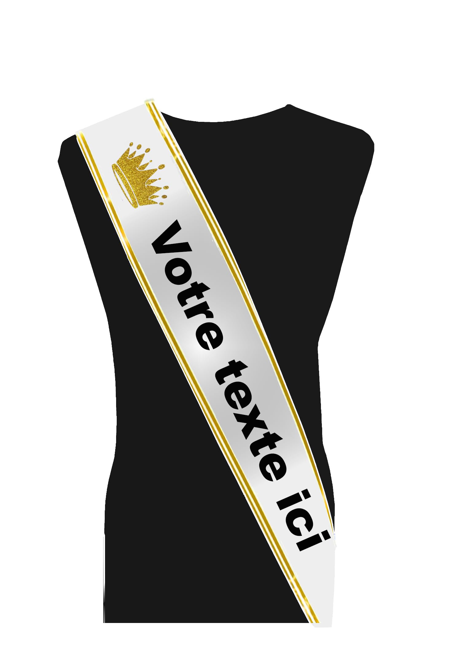 Générique Echarpe de Miss ou Mister à Personnaliser avec Franges. Personnalisable avec photo, texte, cocarde et options.