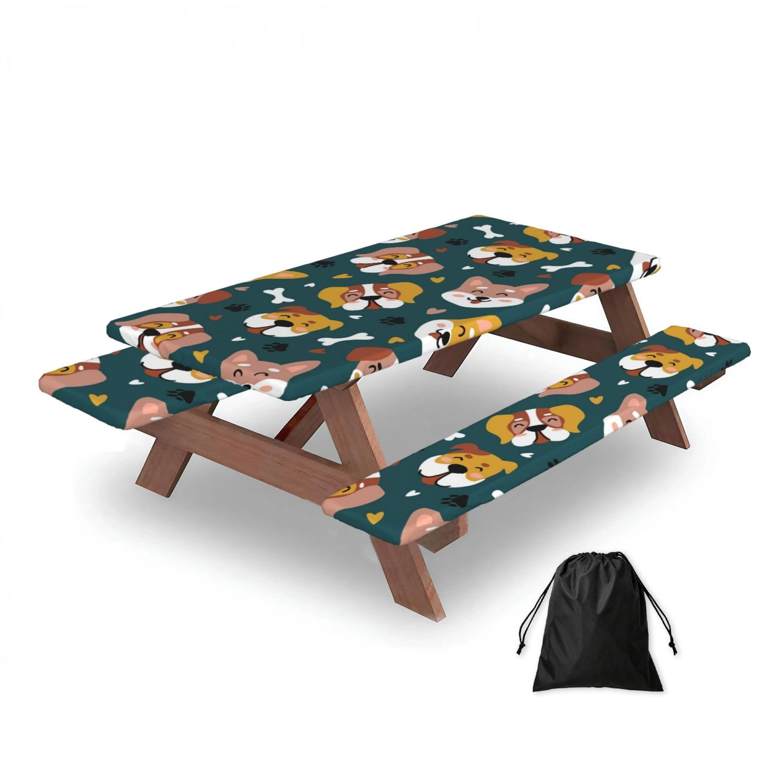 Dopklna As Picture Cute Dogs Bones Puppy Paws Colorful Love Hearts, Picnic Table Cover With Bench Covers -Waterproof Elastic Fitted Tablecloth For Garden Camping Patio 76X152cm