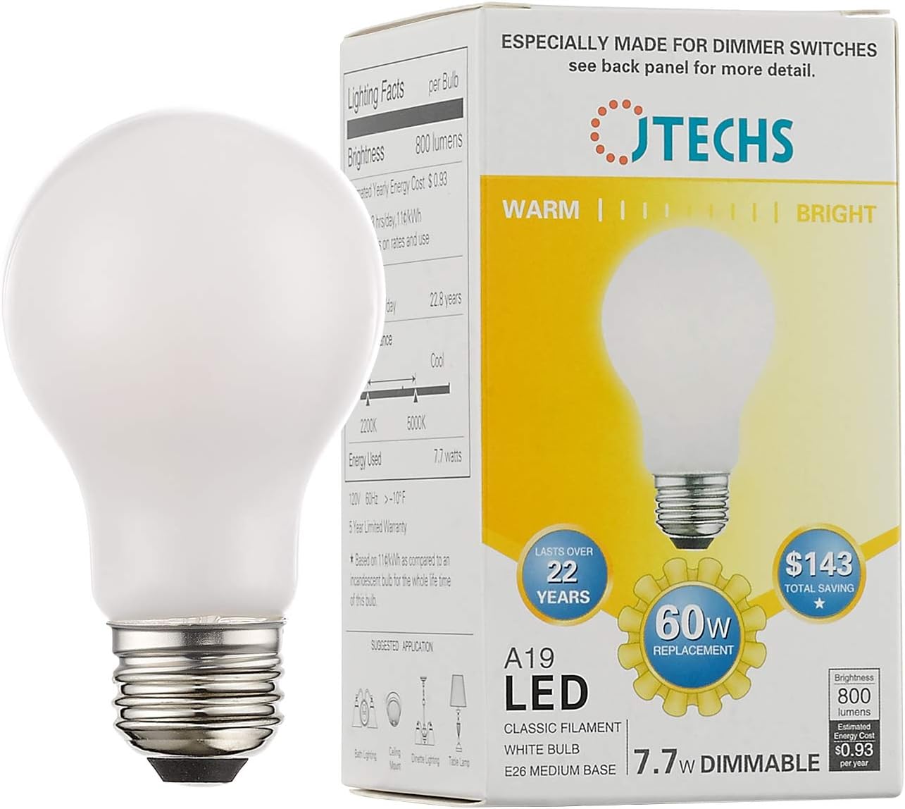 Bulbs, LED, 60pk, 60W, Warm and Bright Light, Dimmable, A19, E26 Medium Base, White Bulb
