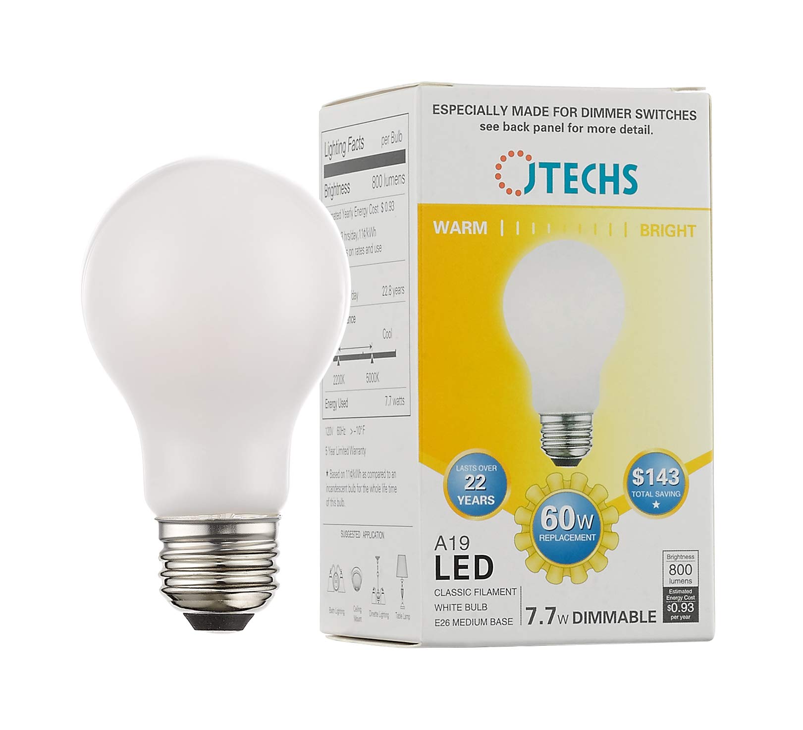 Bulbs LED 60pk 60W Warm and Bright Light Dimmable A19 E26 Medium Base White Bulb