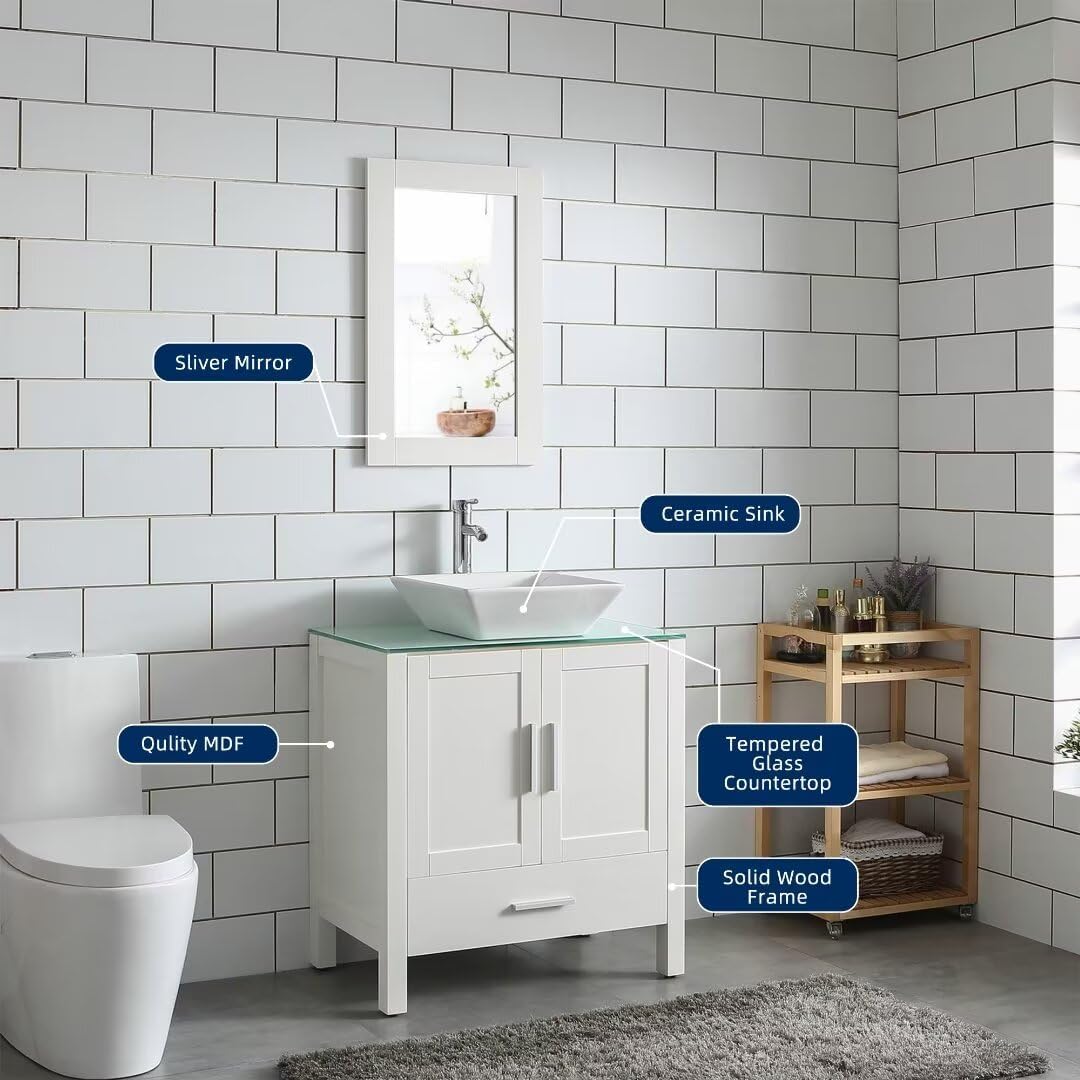 White 30" Bathroom Vanity Sink Combo Wood Bathroom Cabinet Glass Top w/Mirror Faucet & Drain Set
