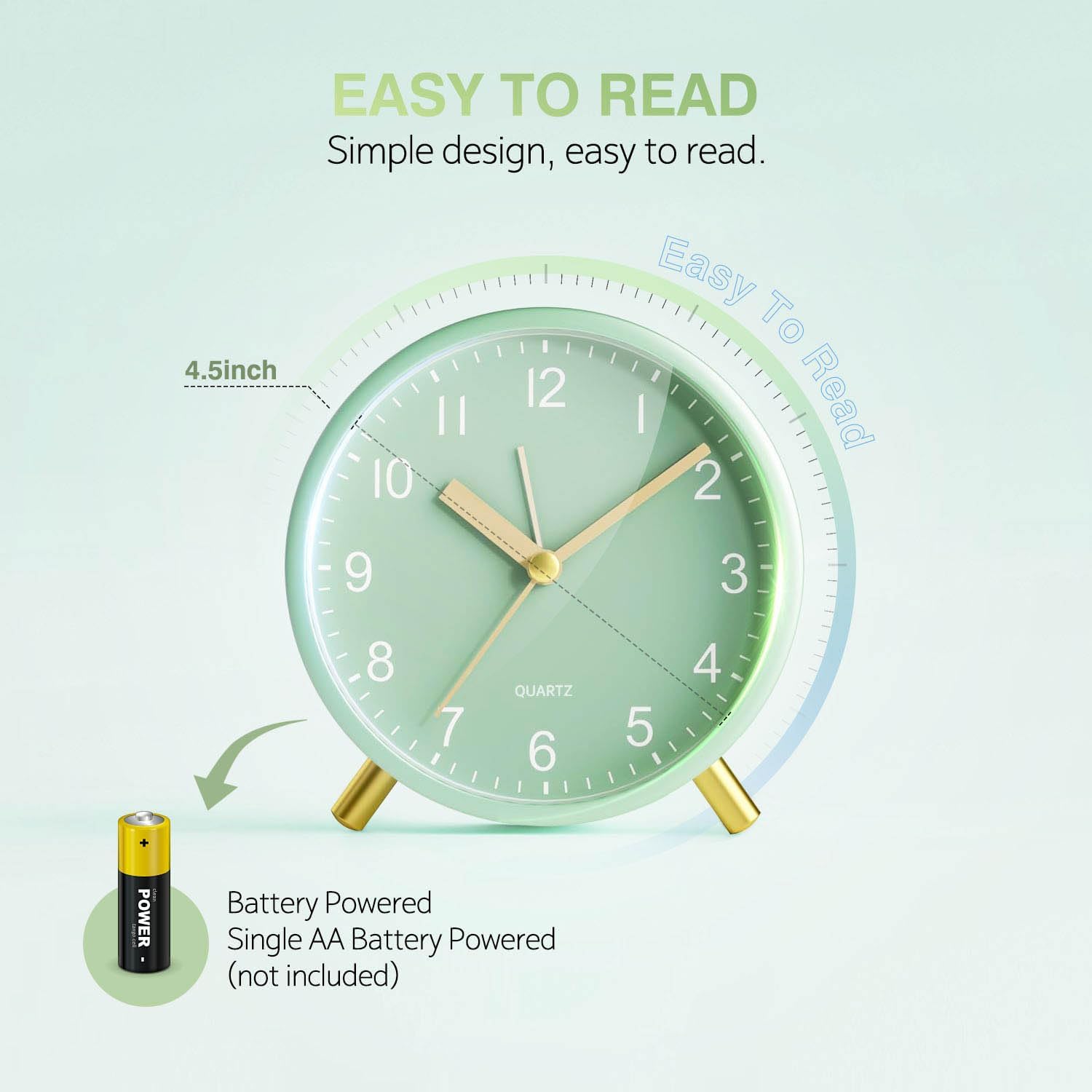Analog Alarm Clock, Silent Non-Ticking with Night Light, Fashionable Round Metal Alarm Clock for Office, Battery Operated, Bedroom, Elderly, Adults, Children, Student Gifts