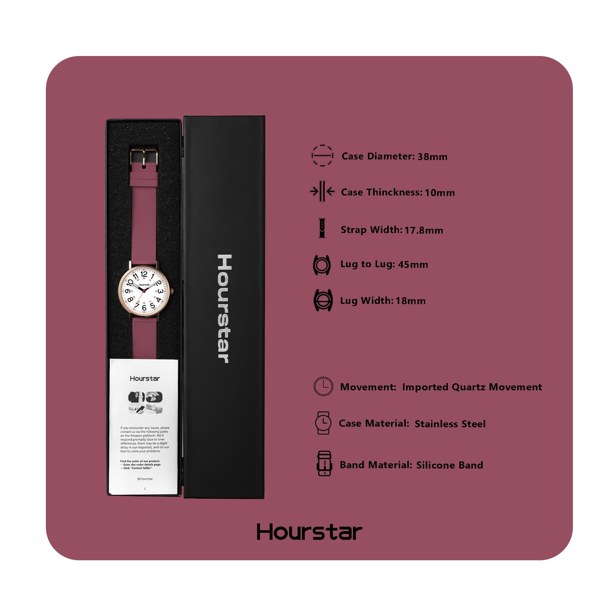 Reloj analógico de enfermera para mujer con segunda mano para enfermería, 12/24 veces, correa de silicona, fácil lectura (morado)
