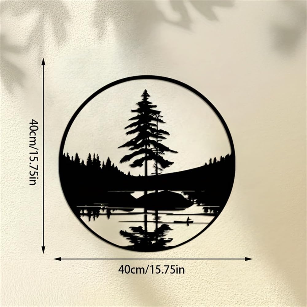 Decoración de pared abstracta contemporánea de metal, escultura de lago y bosque, 40 cm/15,75 pulgadas, arte paisajístico moderno inspirado en la naturaleza para interiores y exteriores, patio y