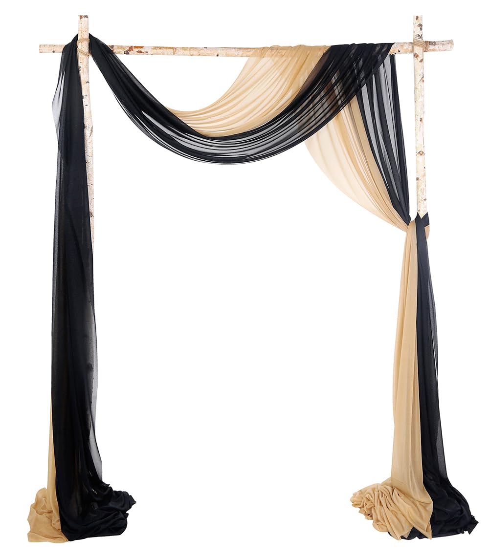 SHERWAY Sheer Wedding Arch Drapes 2 Panels Extra Long 24Ft Arbor Draping Fabric for Wedding Party Backdrop Decoration (Slightly Shimmery, Black & Gold