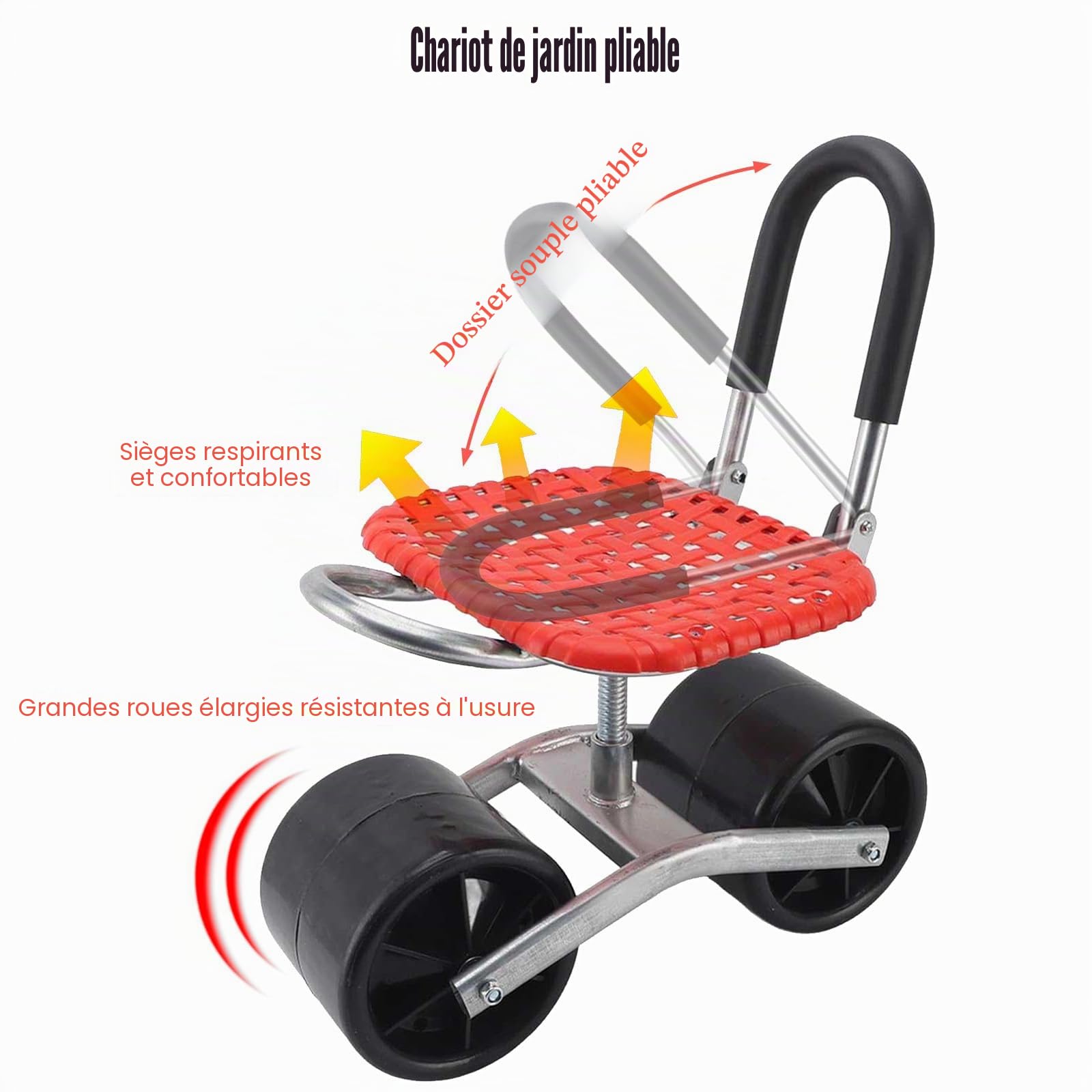 Tabouret de jardin sur roulettes - Charge maximale : 130 kg - Siège de jardin rotatif à 360 ° - Larges pneus en caoutchouc - Pour le jardinage, l'atelier