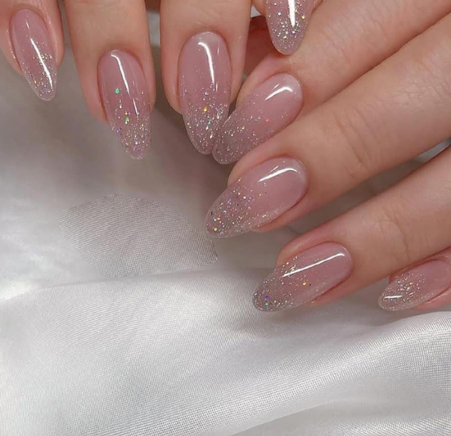 HariPrabodham 12 pcs Professional Holographic Glitter Press-On Nails, Almond Stiletto Shape, Long Length, Glossy Finish, Natural Pink Base with Sparkle Gradient-image-32