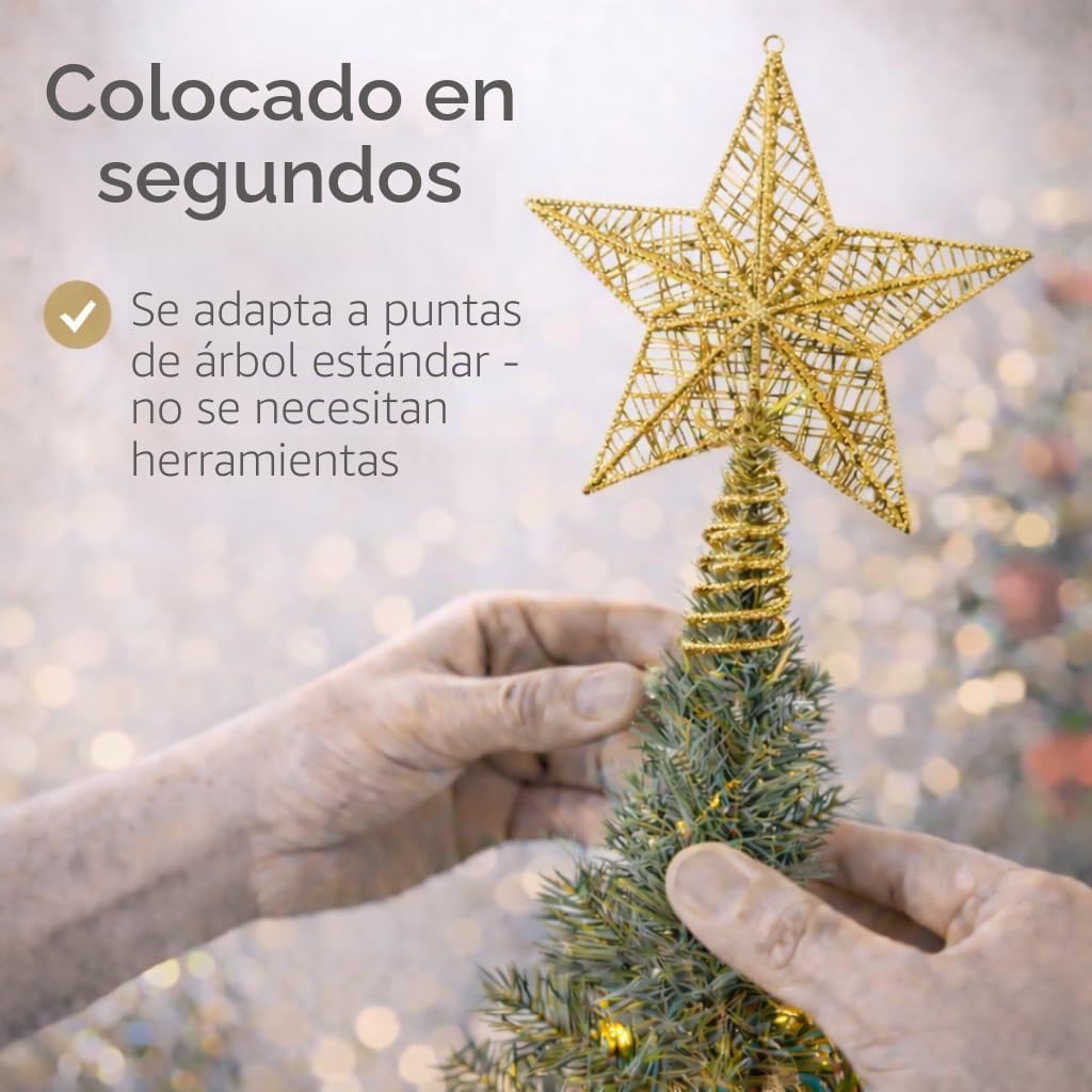 Estrella Dorado en la Copa del árbol - Accesorio de la Copa del árbol de Navidad para el Abeto, la Copa del Abeto del árbol de Navidad