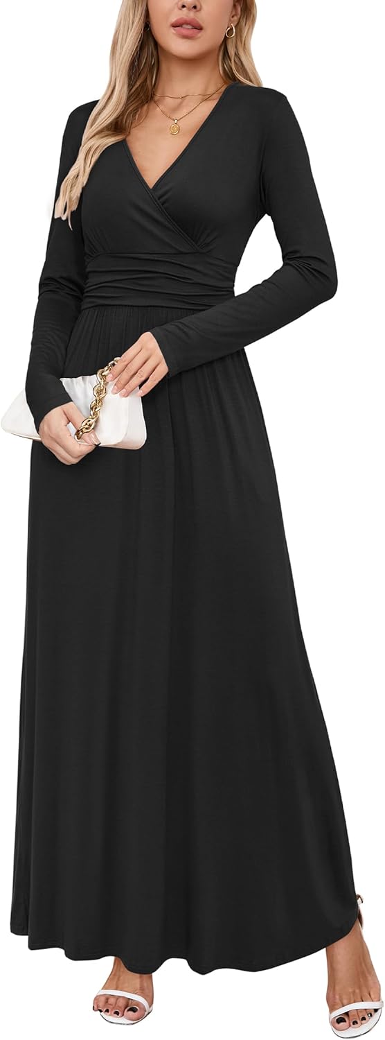 OUGES Women's Long/Short Sleeve V-Neck Wrap Waist Maxi Dress