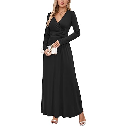 OUGES Women's Long/Short Sleeve V-Neck Wrap Waist Maxi Dress