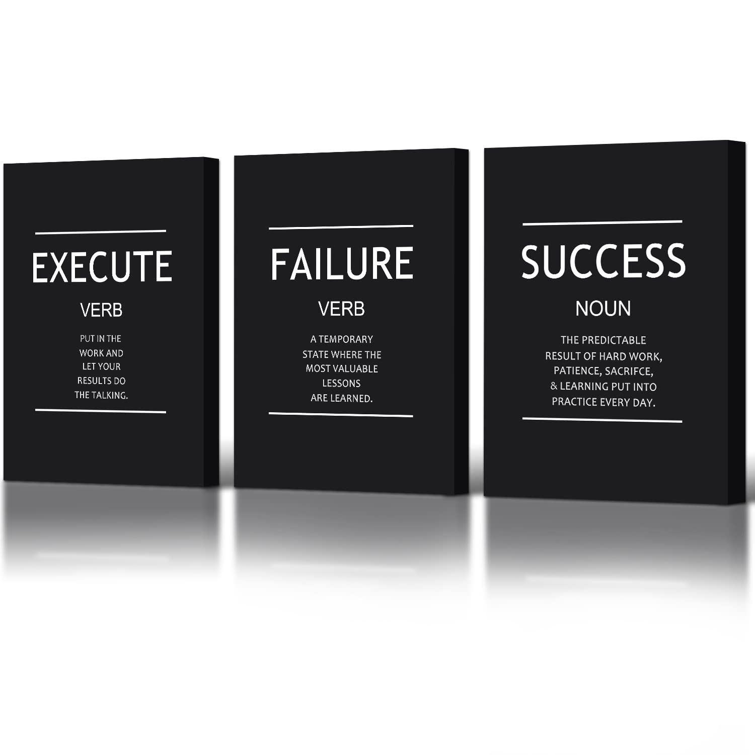WOWGOOMO Execute Failure Success Definition Wall Art 3 Pieces Black Poster Inspirational Framed Canvas Painting Wall Art Positive Motivational Print Artwork for Living Room Office Decor 12x16inchx3pcs