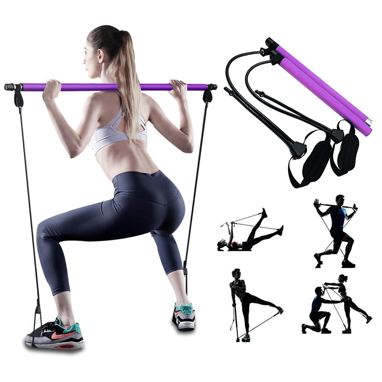 Portable Pilates Studio Portable Lightweight 2 Section Bar with Resistance Bands Adjustable Pilates Flexbands Kit Home Gym Yoga Pilates Purple Home Equipment