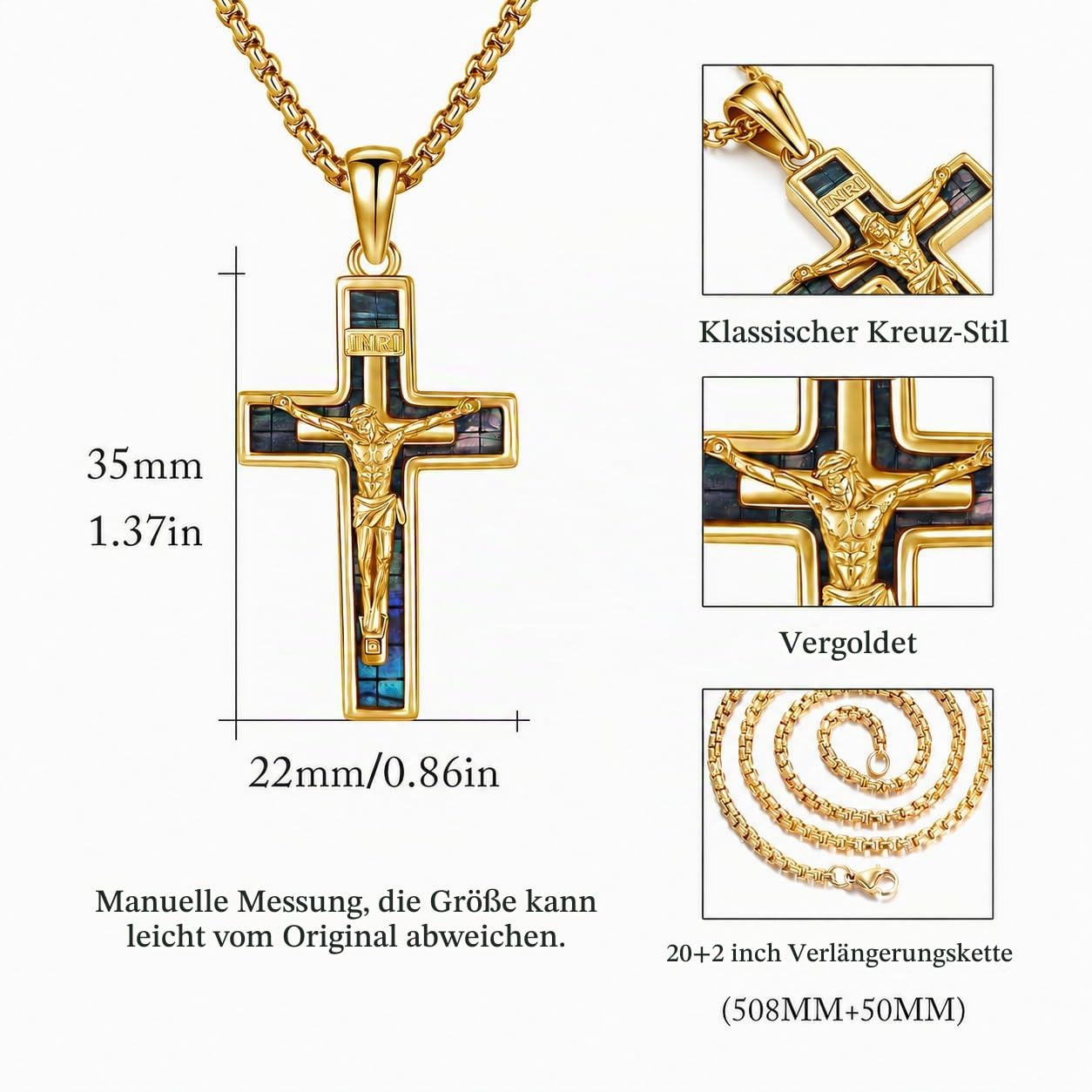 OHAYOO Kreuz Kette für Herren - 925 Silber Kruzifix Kreuzanhänger mit Abalone/Türkis/Malachit/Lapislazuli & Edelstahlkette - Christliche Silber Kette für Männer