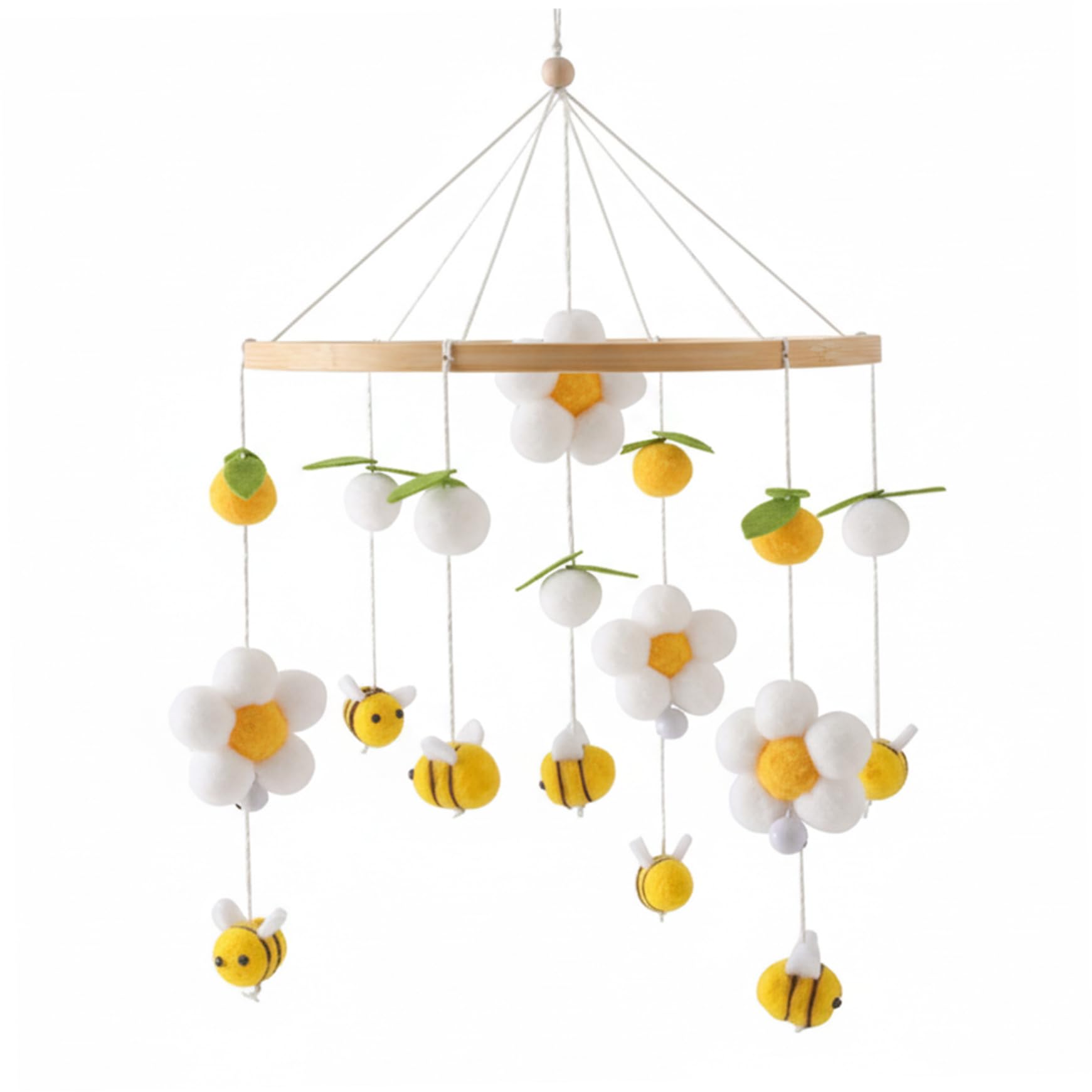 Grsrkep Baby Crib Mobile, Yellow Bee & Flower Nursery Mobile with Chewable Cotton Balls, Soft Hanging Toy for Cribs and Bassinets, 16 Inch