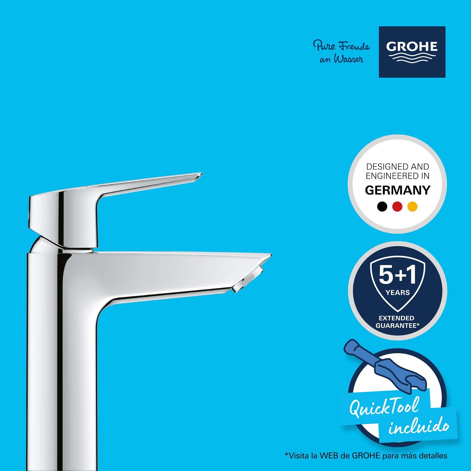 Grohe Start QuickFix- Grifo de lavabo monomando M (vaciador click-clack, menor consumor de agua, fácil instalación, altura 192mm), cromo, 24204002