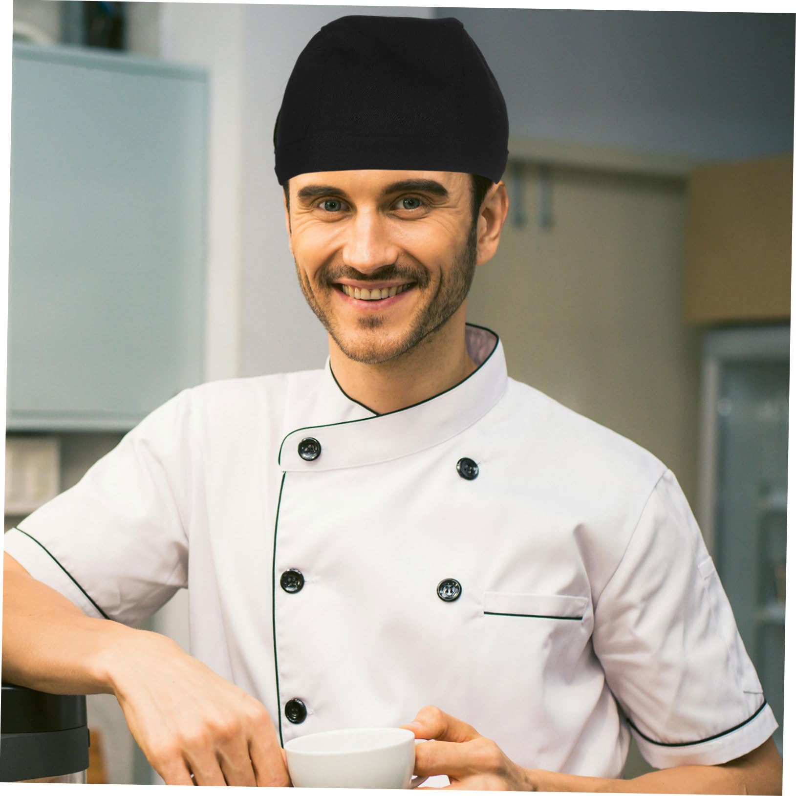 UKCOCO Gorros de Chef para Cocina 6 Unidades de Tela de Algodón Negro | Lazos, Estilo Clásico y Sencillo, para Cocina y Restaurante, Pack de 6 Piezas