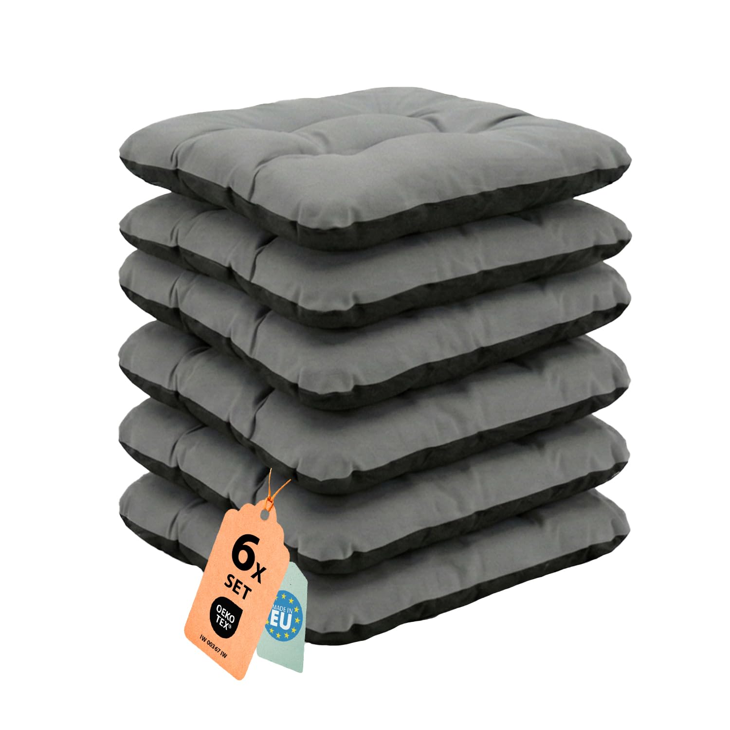 Outdoor Sitzkissen Stuhlkissen - 6er Set - 45 x 45 cm - Made in EU, Wasserdichtes & UV-beständig Gartenkissen - Stuhlauflage Stuhlpolster für Balkonstühle - Grau