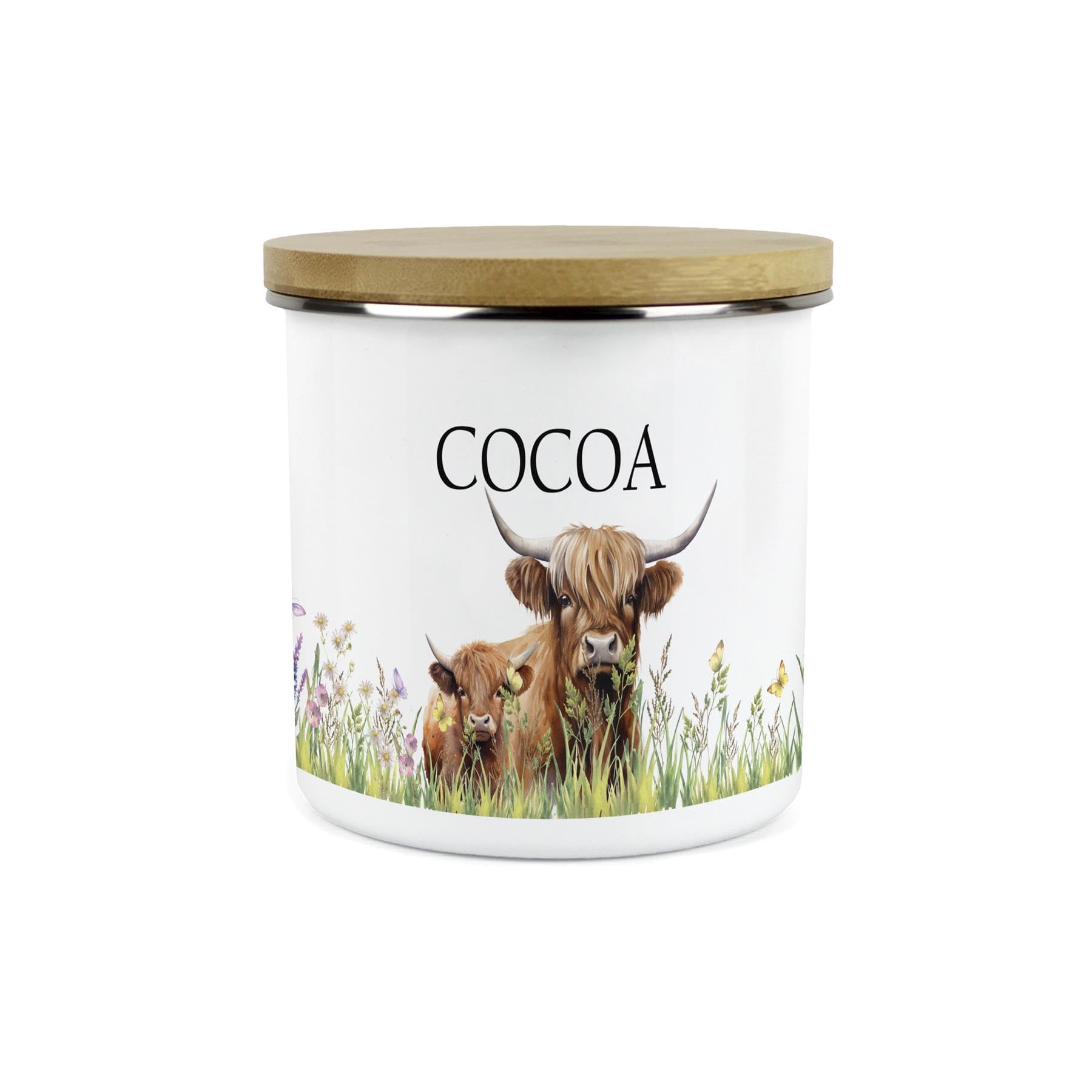 Purely Home Highland Cow & Calf Personalised Kitchen Storage Canister - Countryside Farm Metal Enamel Food Storage Container