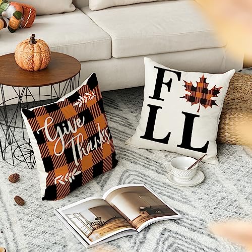 Avoin Colorlife Home Fall Buffalo Check Plaid Pumpkin Maple Leaf Throw Pillow Cover, 20 X 20 Inch Autumn Give Thanks Gather Farmhouse Cushion Case For Sofa Couch Set Of 4 #TOP3