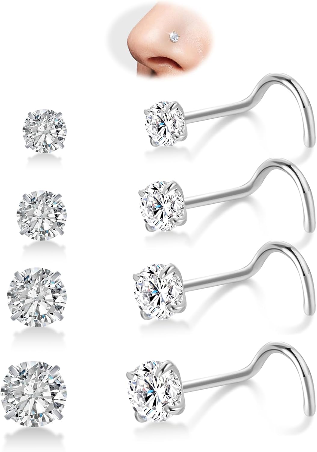 iejsbhrp 8PCS G23 Titanium Nose Rings Studs - 20G Nose Screw Studs Silver Diamond Cubic Zirconia Corkscrew Rings Hypoallergenic Piercing Jewerly for Women Men 1.5mm 2mm 2.5mm 3mm