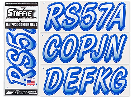 Image of STIFFIE Whipline White /Blue 3 inch Boat & PWC Registration Decals • Numbers Letters Stickers
