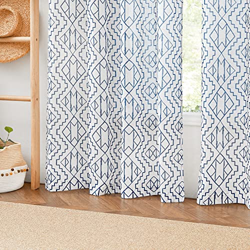 Ryb Home Sheer Linen Curtains 84 Inches Long - Light Filtering Privacy Window Treatment Boho Rustic Geometric Pattern Drapes For Living Room Bedroom Sliding Door, 2 Panels, Navy Blue #TOP4