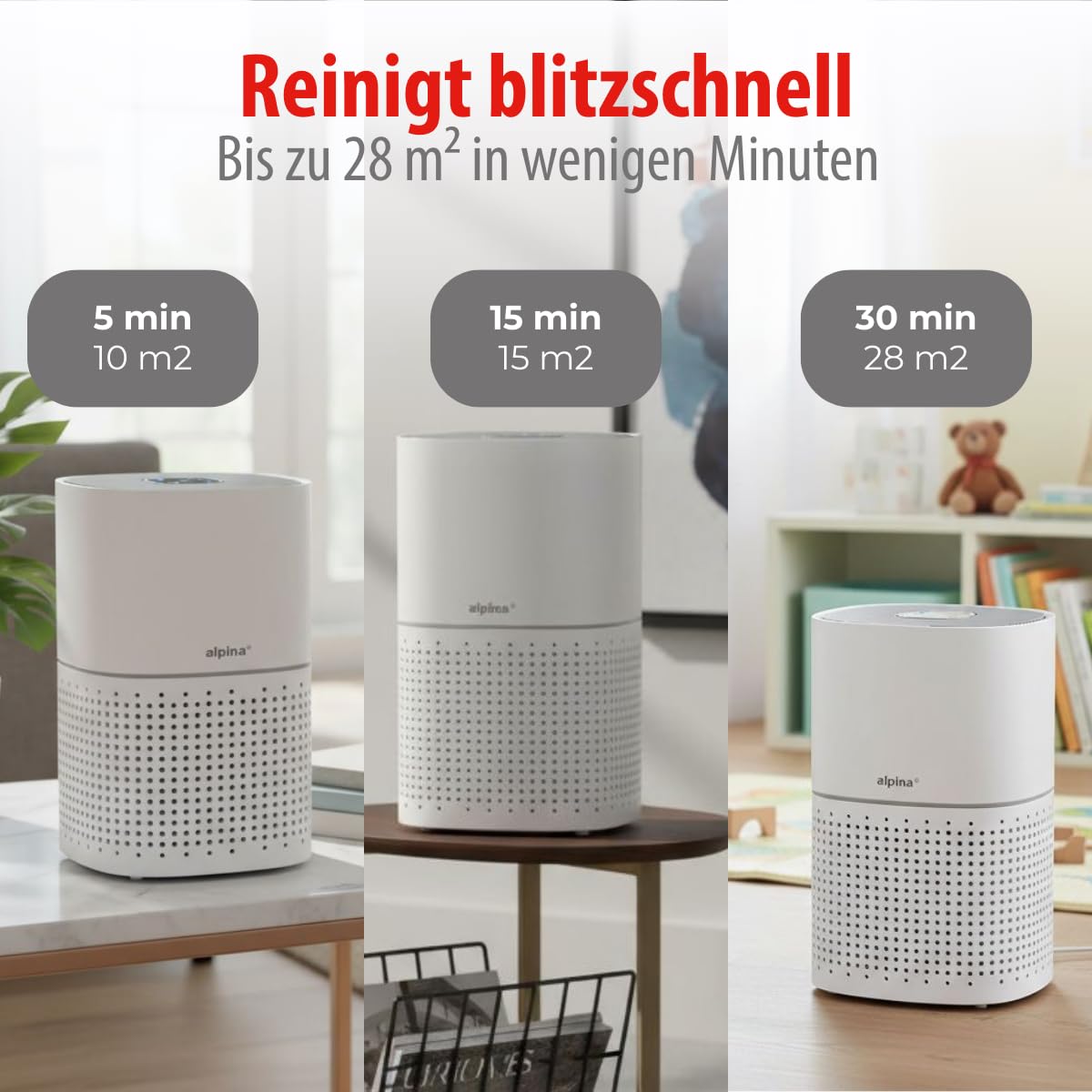 alpina Luftreiniger mit Ionisator - Air Purifier mit HEPA-Filter H11 - Luftfilter mit 3 Geschwindigkeiten - Lufterfrischer mit Timerfunktion - Stille Nachtmodus Räume bis 28 m² Weiß