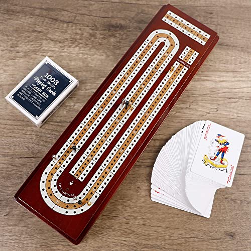 Juegoal Upgrade Wood Cribbage Board Game Set, Solid Wooden Continuous 3 Track Board With Larger Storage Area, 9 Metal Pegs And 2 Decks Of Playing Cards, Travel Portable Cribbage Game Sets #TOP6