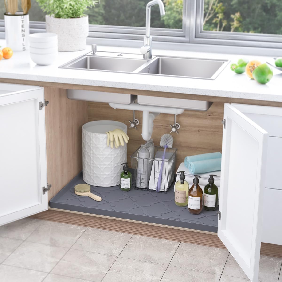 SIKADEER Wasserdichte Untertischmatte, 63,5 x 48,3 cm, Silikonmatte, Küchenschrankeinlage und Schubladenregal, Spülbeckenschutz für Badezimmer-Organizer und Aufbewahrung, flexible Abtropfschale für