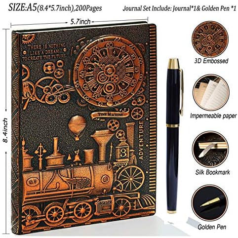 3D Panel Vintage Diary + Pen, A5 Notebook Lined, Personal Organiser Planner Journal Notebook, Birthday Gift for Men Women Adults Children