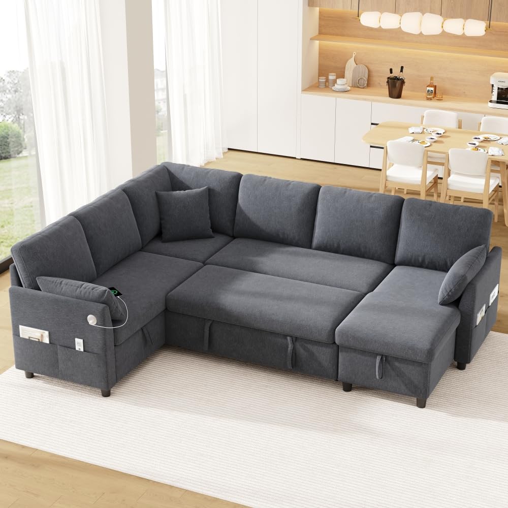 Sofá esquinero L/U con función de cama de 6 plazas, chaise longue y 2 plazas con almacenamiento, montaje reversible derecha/izquierda, USB y Type-C, bolsillo lateral, 3 cojines, lino, gris