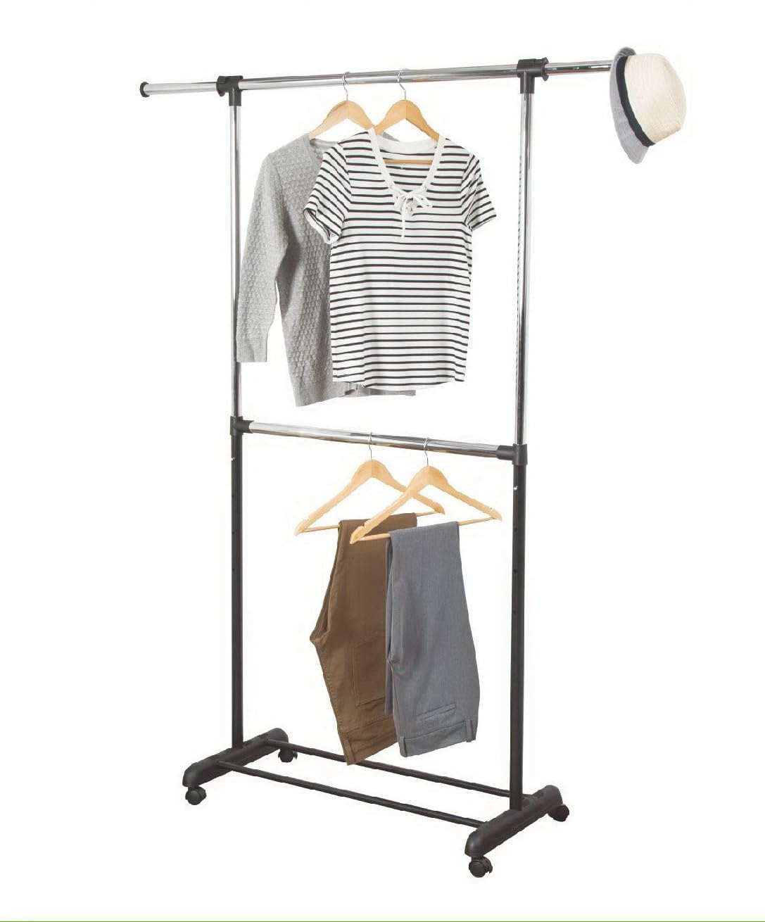 A ASPECT Adjustable 2-Rod Garment Rack/Rolling Clothes Organizer, Black and Chrome