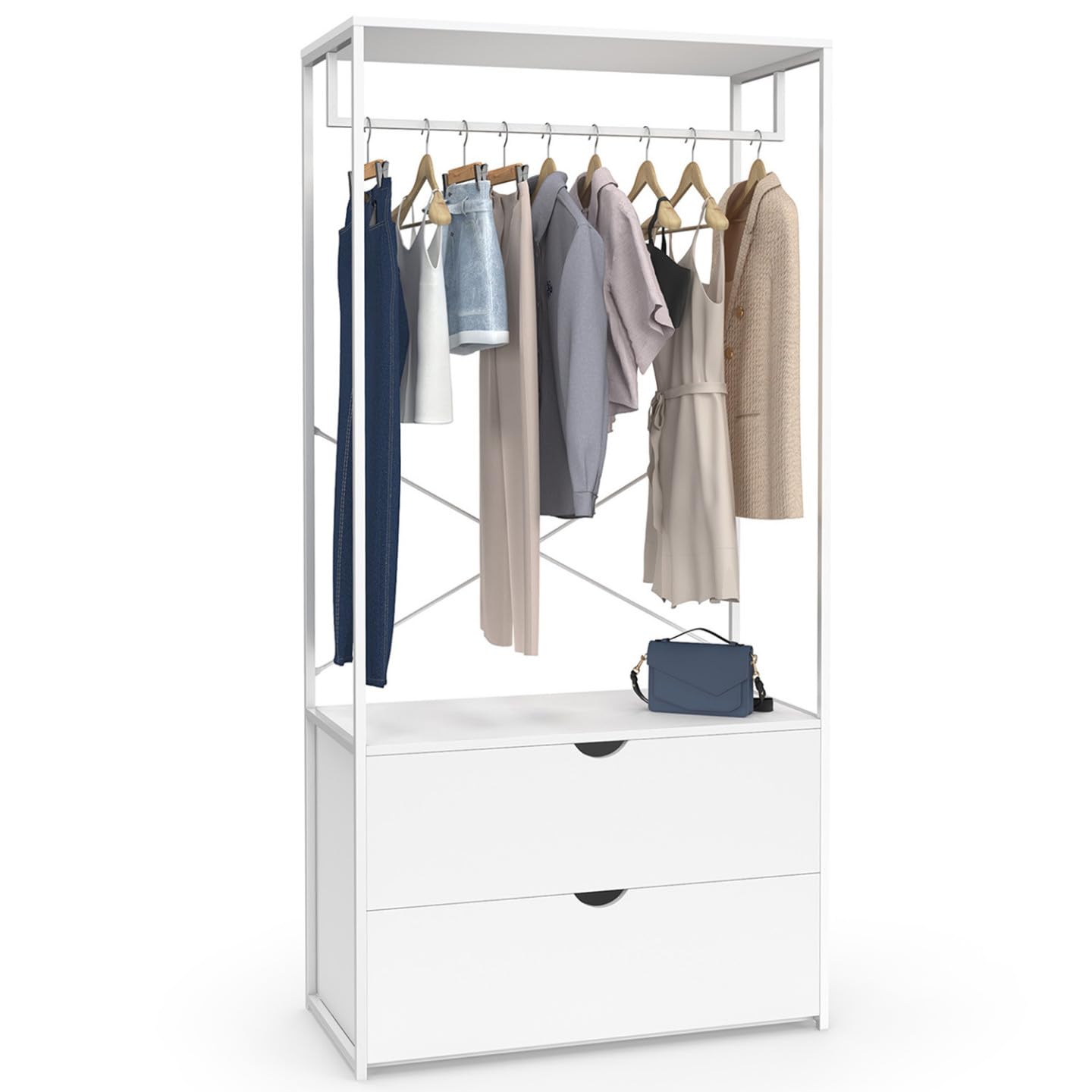 IDMarket – Armario para ropa con 2 cajones L. 80 cm BROOKLYN, madera blanca y metal blanco