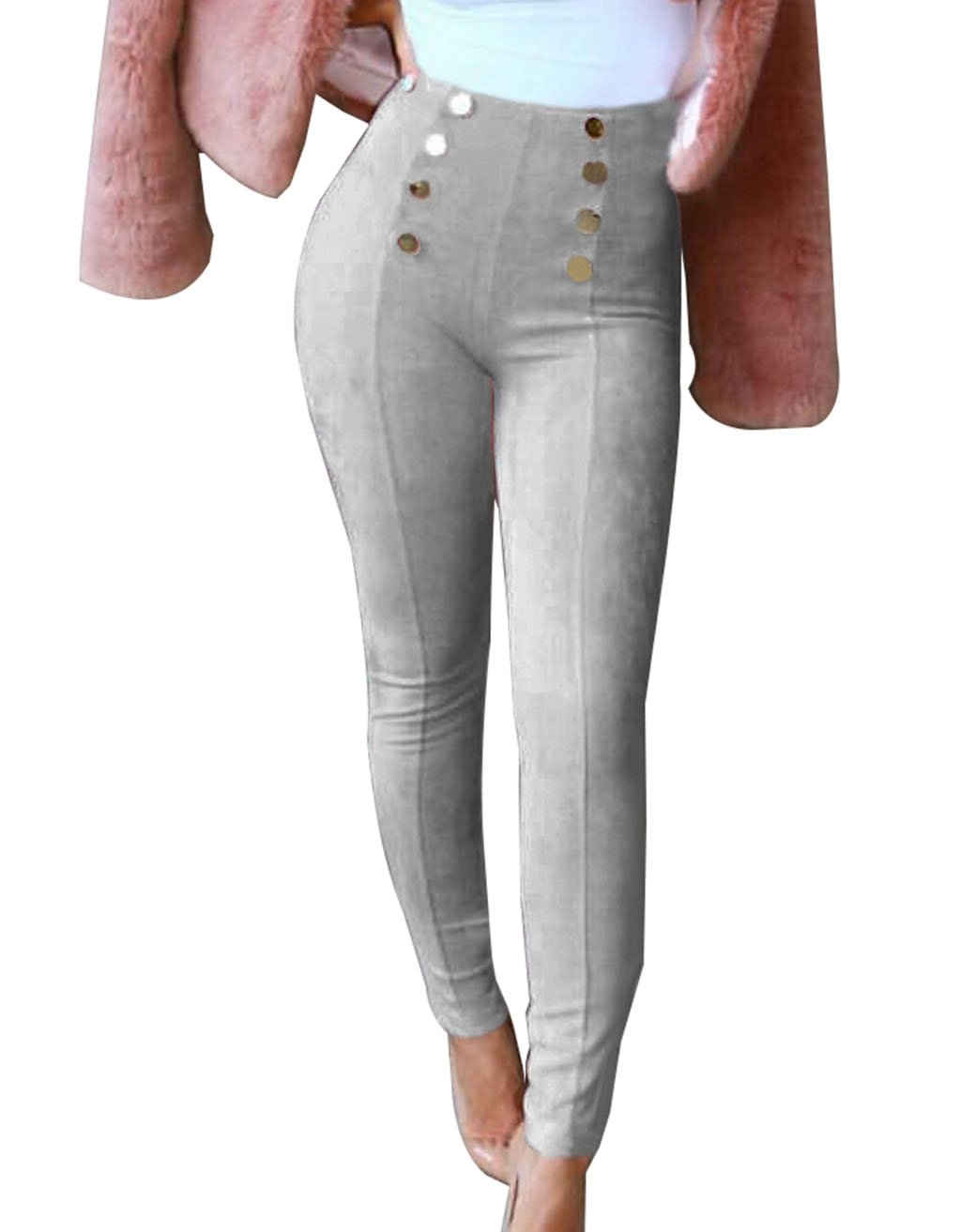 Guolezeev Womens Tight Ankle Leggings High Waist Skinny Grey Suede