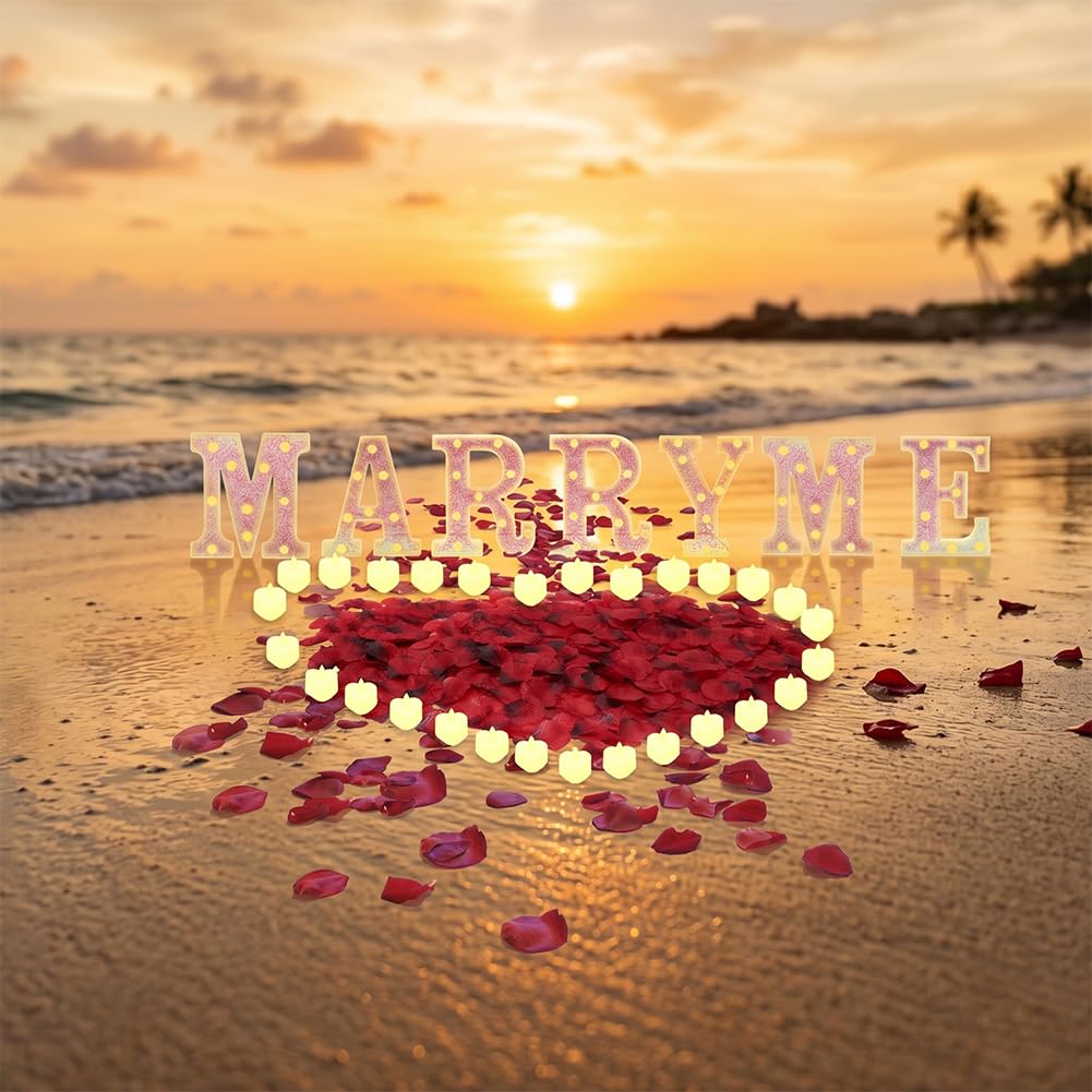 LOMUG Rosa MARRY ME Leuchtbuchstaben als Dekoration für Heiratsanträge, MARRY ME-Schild mit 24 flammenlosen Herzkerzen, 2000 Rosenblättern für Heiratsanträge, romantische Nachtdekoration