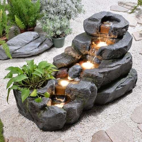 Image of 38.2 inch L Garden Water Fountain Outdoor Waterfall with LED Light | 5 Tiered Rock River Fountains Natural Water Feature Floor Standing Fountains Outside for Patio, Yard, Landscape (Gray)