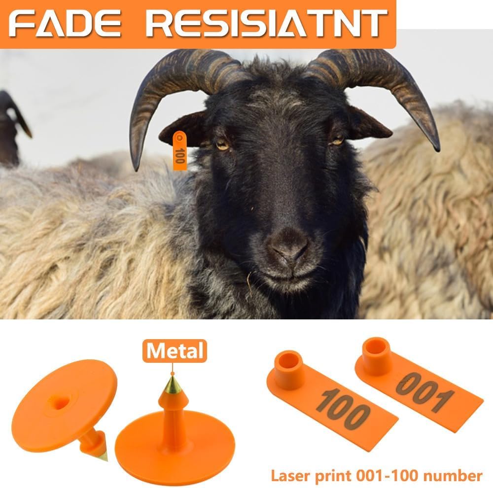 100Pz Etichette Auricolari per Animali da Fattoria per Pecore Capre Bovini 001-100 Numero Etichette Auricolari di Plastica per Pecore,Mucche,Porci,Cani,Cervi,Cavalli