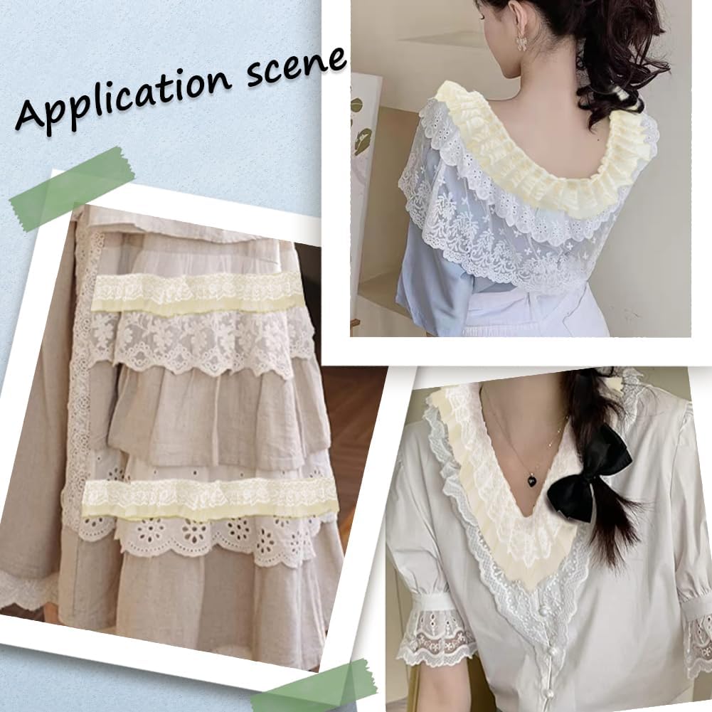 GORGECRAFT 10 Yards 2 Layer Chiffon Lace Edge Trim 5cm Wide Pleated Gathered Voile Mesh Organza Tulle Fabric Ruffles Lace Edging Trimmings Ribbon for Sewing Craft Wedding Dress Decor Light Yellow